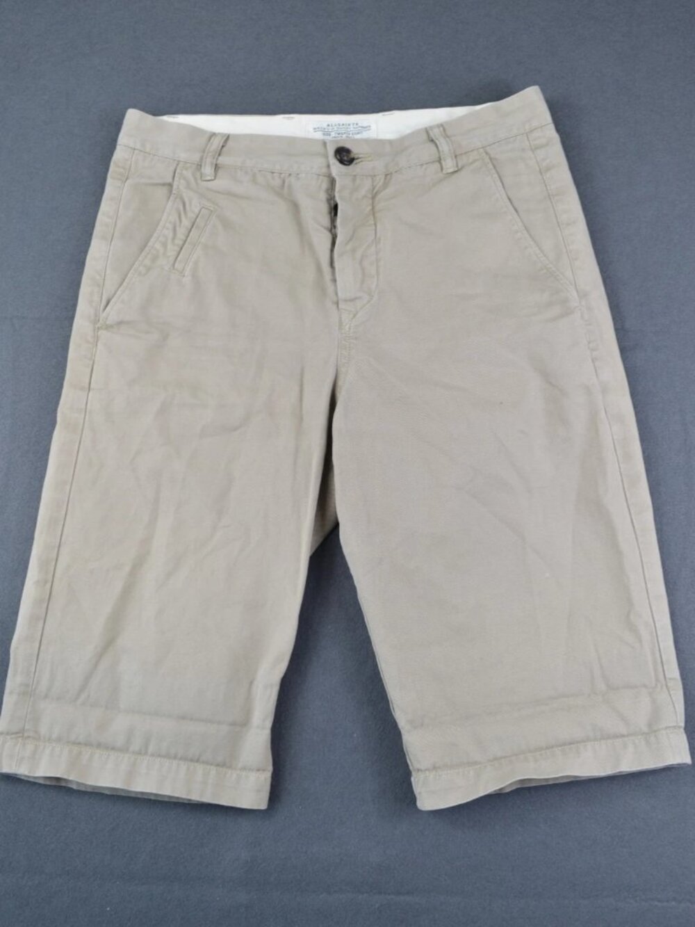 AllSaints Mens Khaki Beige Chino Shorts Regular Fit Flat Front Slash Pockets 28